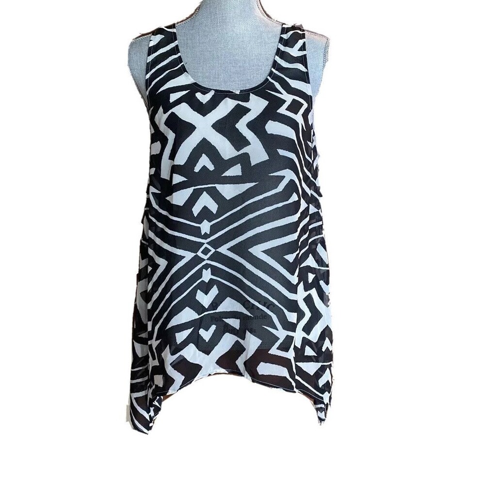 Daniel Rainn Women's Sheer Swing Top Assymetric black white geometric size small
